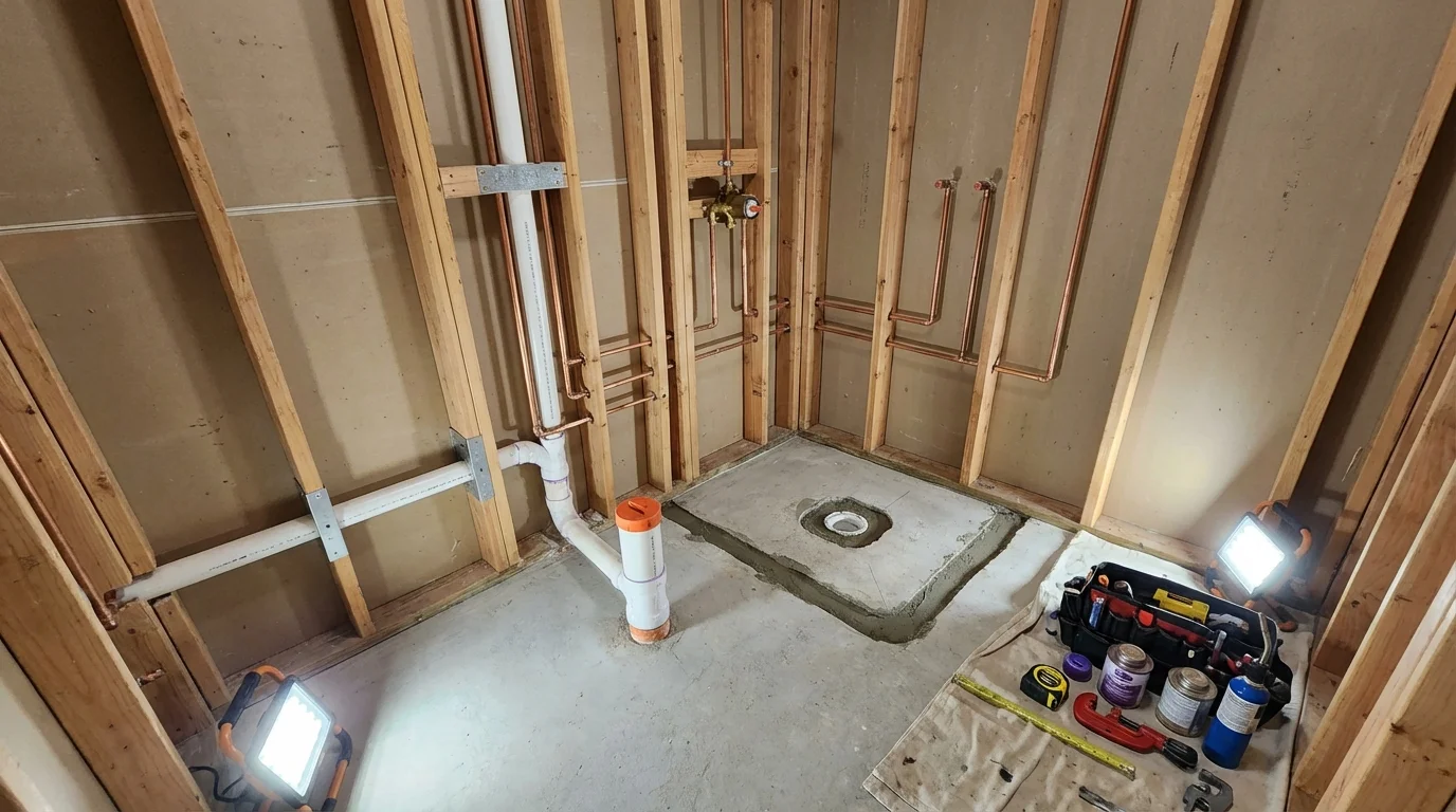 Bathroom rough-in plumbing during remodel by Johns Plumbing LLC in Thermal