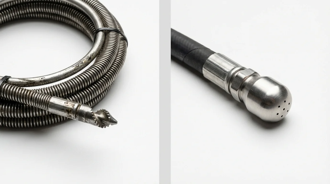 Drain snake cable and hydro jetting nozzle used for drain cleaning in Thermal, CA