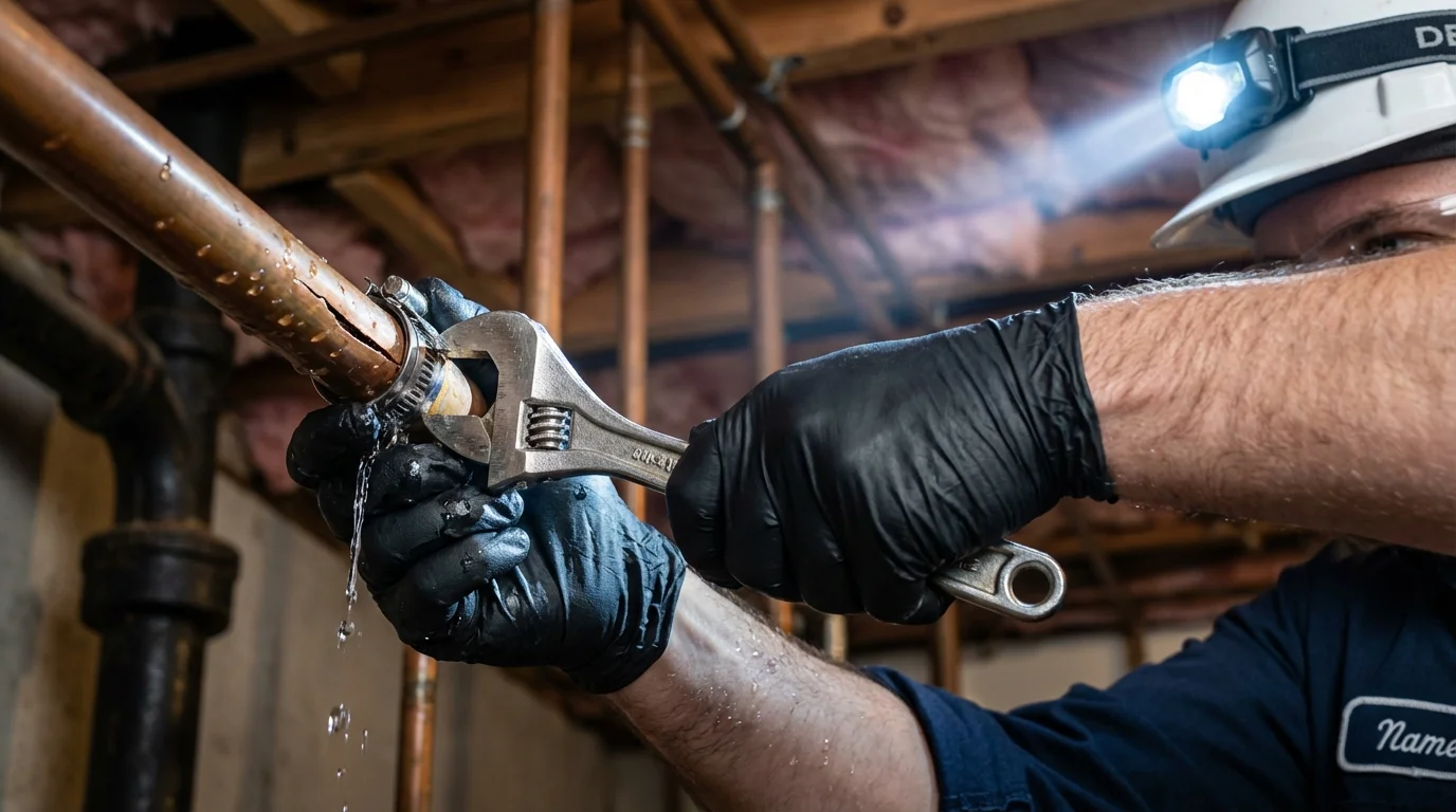 Emergency pipe clamp repair being performed by a Johns Plumbing LLC plumber in Thermal