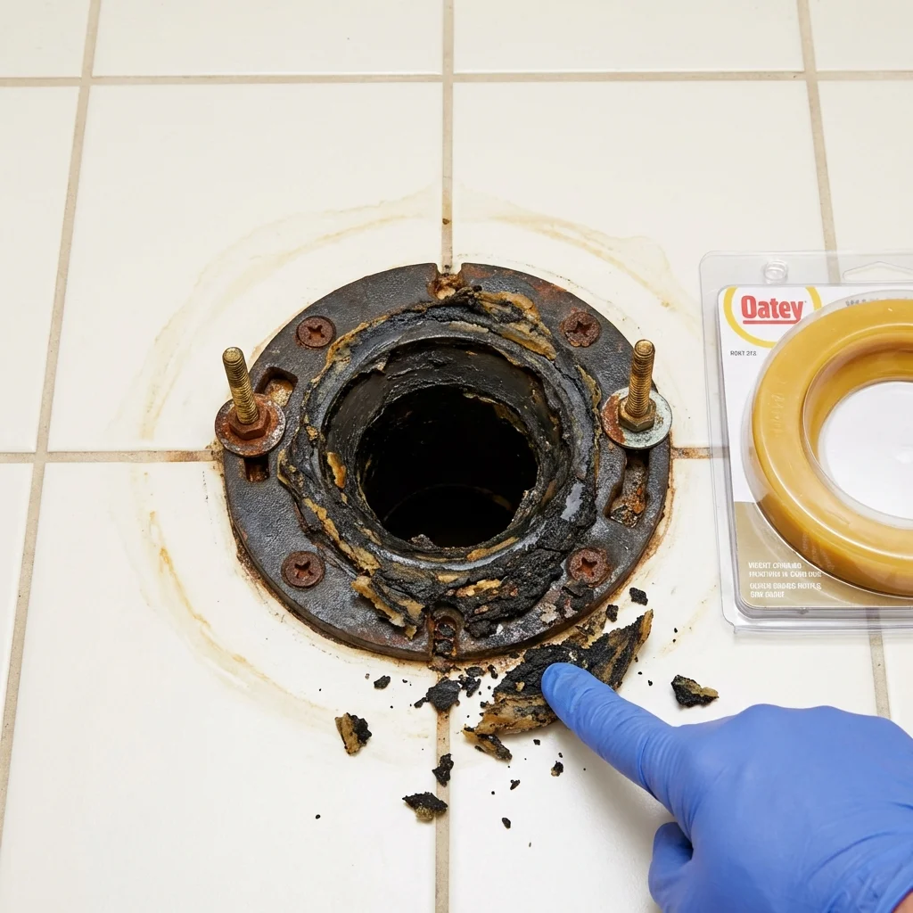 Failed wax ring showing water seepage at the base of a toilet in a Thermal, CA home