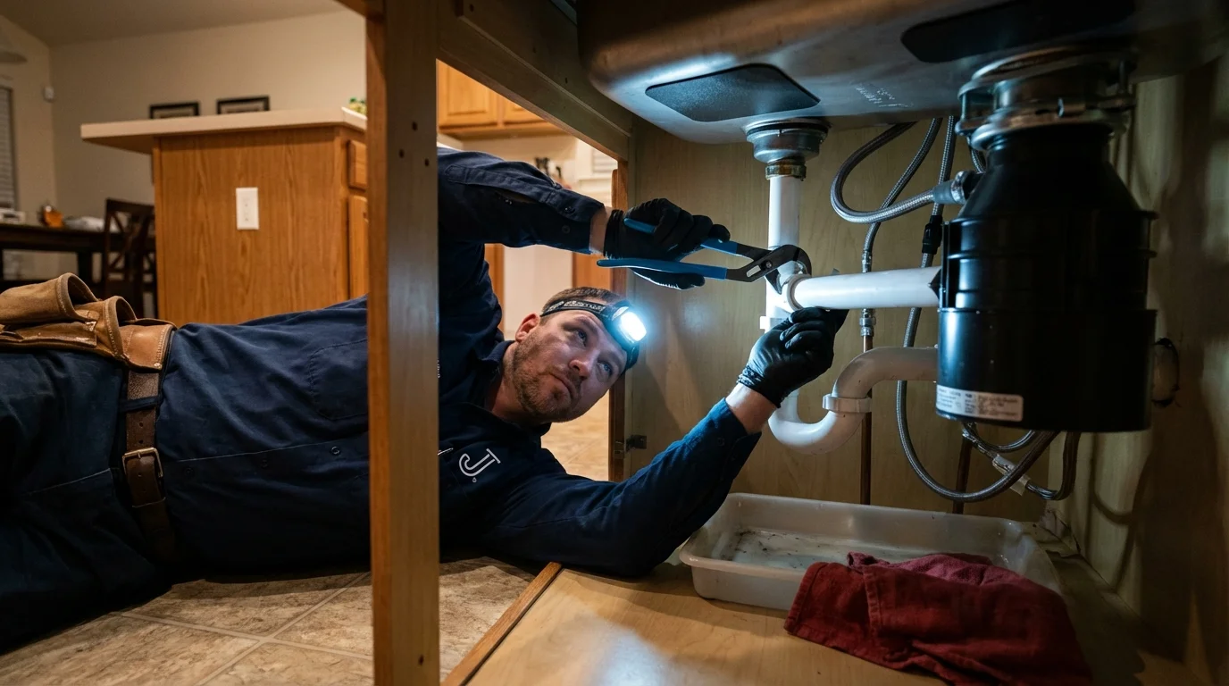 P-trap and supply line connections under a kitchen sink showing a common leak point in Thermal, CA